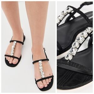 [NEW] Larroude Calypso Black Jeweled Crystal Embellished Flat Sandals Size 9